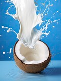 Milk pouring in half of coconut over , one color background - generative ai