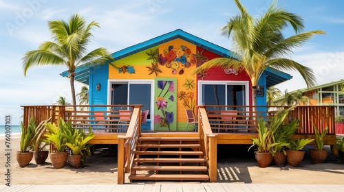 ocean beach bungalow building illustration waves sun  surf palm  relaxation vacation ocean beach bungalow building