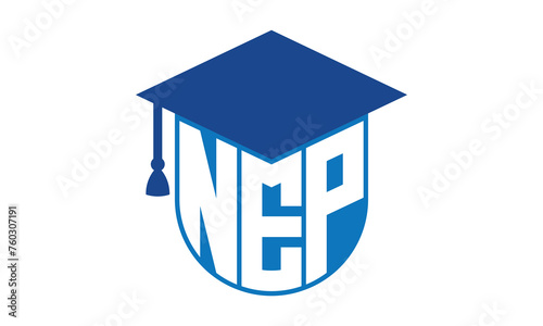 NEP initial letter academic logo design vector template. school college logo, university logo, graduation cap logo, institute logo, educational logo, library logo, teaching logo, book shop, varsity	