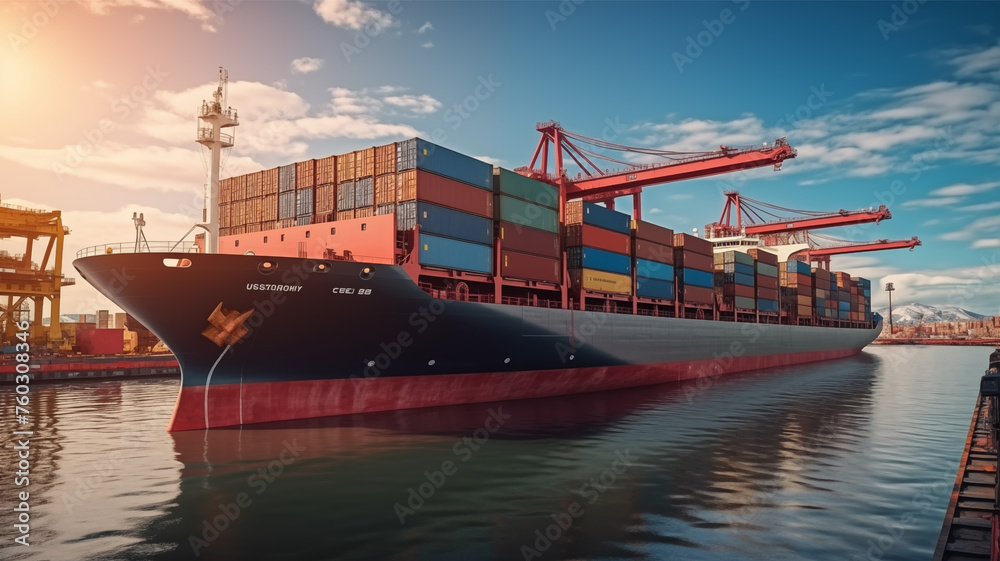 Fototapeta premium Container ship with many containers leaves the port