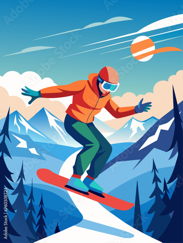 Illustration of winter and summer fun: skiers and snowboarders on mountains and a beach jumper