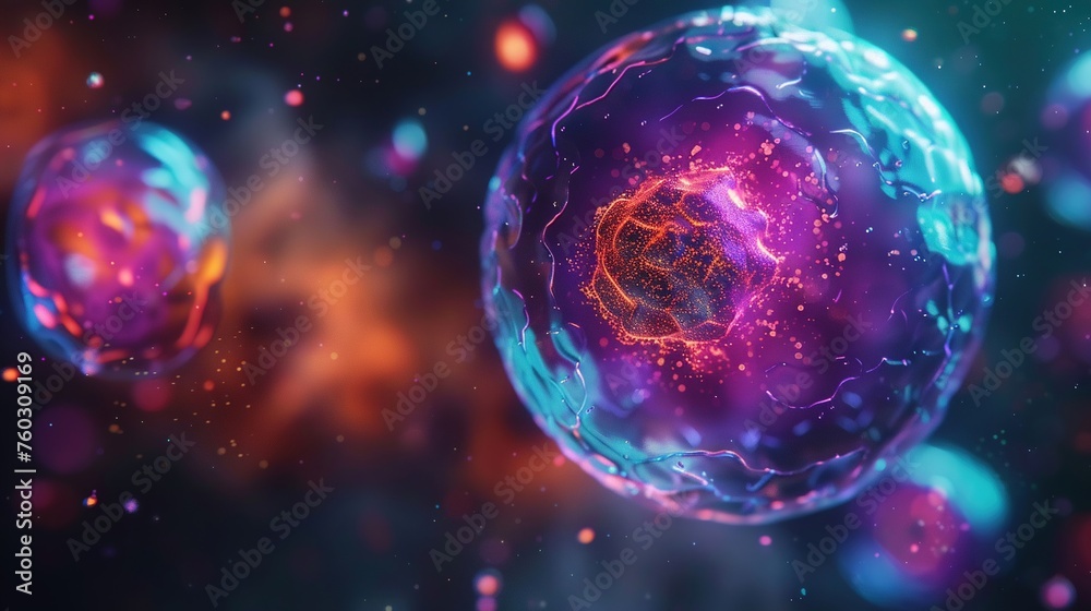 photorealistic close-up of a stem cell, its nucleus glowing with vibrant colors as it differentiates into specialized cells, showcasing the potential of regenerative medicine. photorealistic close-up of a stem cell, its nucleus glowing with vibrant colors as it differentiates into specialized cells, showcasing the potential of regenerative medicine.