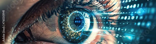 photorealistic close-up of a human eye, the iris replaced with a swirling vortex of binary code, symbolizing the overwhelming amount of data we process in the modern world.