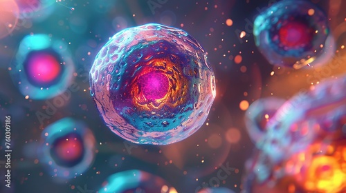 photorealistic close-up of a stem cell, its nucleus glowing with vibrant colors as it differentiates into specialized cells, showcasing the potential of regenerative medicine.
