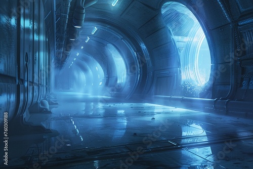 The vast futuristic spaceship hall was bathed in pure blue light. The smooth, polished floor reflects the enormous, idling engines that line the walls. Dust danced in the quiet air.