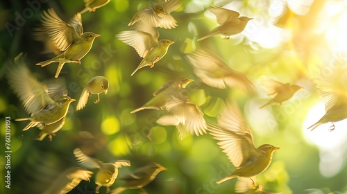 Wiosna przynosi ze sobą stado ptaków, które leci nad gęsto zielonym lasem. Ptaki tworzą efektowny widok w locie nad drzewami. Slow shutter speed photo