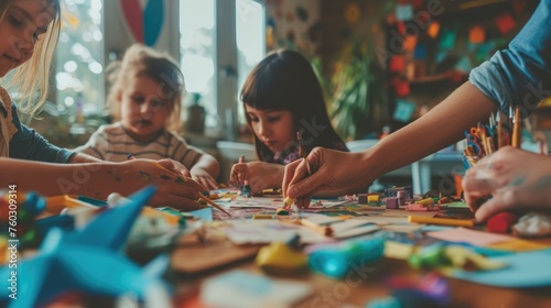 A family enjoys quality time together  engaging in arts and crafts at a colorful and messy home workstation  fostering creativity. AIG41