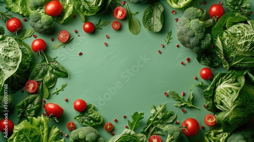 A frame of fresh vegetables on a green background.