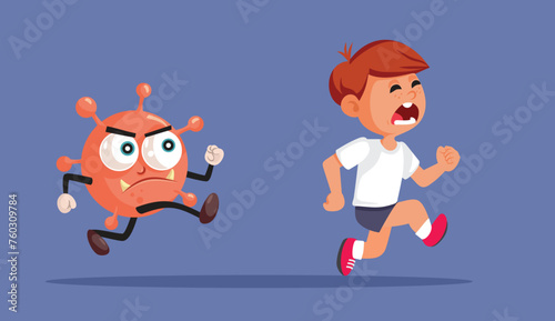 Stressed Little Boy Running Away from a Virus vector Cartoon. Unhappy fearful child chased by viral diseases trying to escape 
