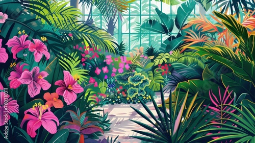 Obraz roślin tropikalnych i kwiatów w szklarni