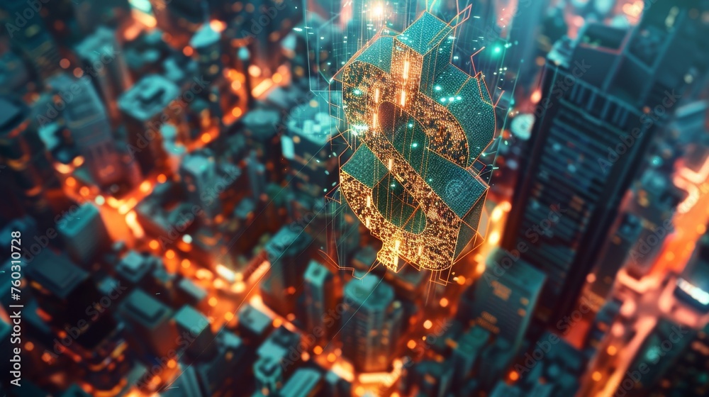 A digital dollar sign hovers above a cityscape, symbolizing financial markets and the digital economy in a futuristic setting.
