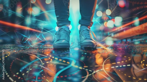 A person stands in trendy sneakers on a road enhanced with dynamic digital art, blending urban street fashion with virtual reality.