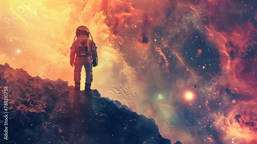 An astronaut stands on an alien surface, gazing out into the vast and colorful expanse of a stellar nebula, representing exploration and discovery.