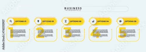 Design template for vector infographic labels with icons and 5 options or steps. Suitable for process diagrams, presentations, workflow layouts, banners, flow charts, and infographics.