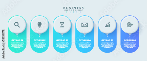 Design template for vector infographic labels with icons and 6 options or steps. Suitable for process diagrams, presentations, workflow layouts, banners, flow charts, and infographics.