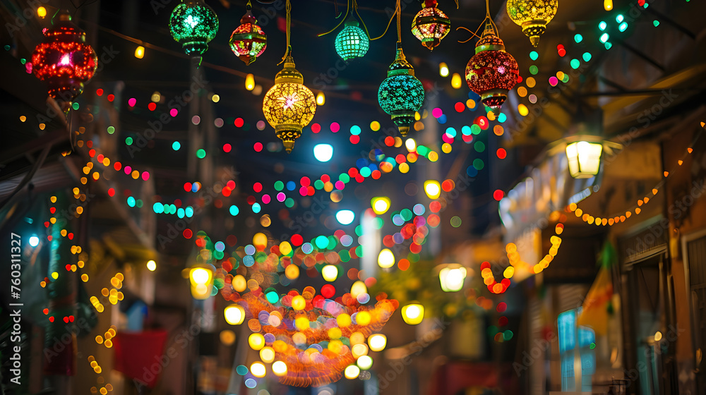 the beauty of Eid decorations adorning homes and streets, such as colorful lights and banners. the beauty of Eid decorations adorning homes and streets, such as colorful lights and banners.