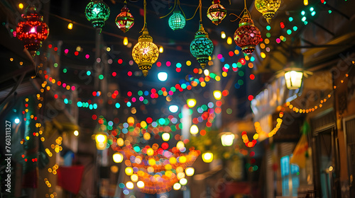 the beauty of Eid decorations adorning homes and streets  such as colorful lights and banners.