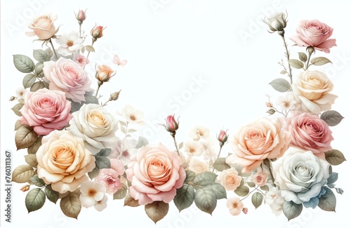 Watercolor painting of Roses Blossoms and botanical elements for corner and border invitation © monkik.
