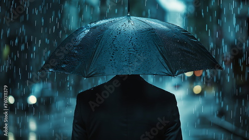 a businessman wearing a black umbrella under the rain. With Generative AI photo