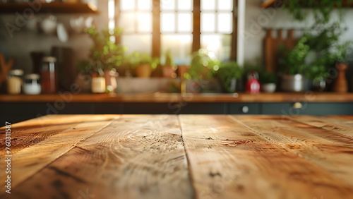 Wood table kitchen background for product presentation. With Generative AI