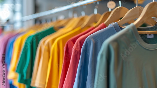 colorful top clothes hanging on the hanger. with generative AI