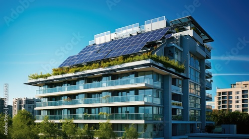 efficient green condominium building illustration leed friendly, solar recycled, efficient roof efficient green condominium building