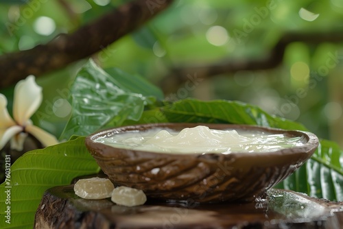 Fresh cacao water served in a natural cacao pod amidst lush greenery.