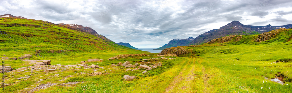 Panoramic over fjords of East Iceland with dramatic sky and green meadow hills. Beautiful Icelandic landscape, huge cliff and rocks in moss