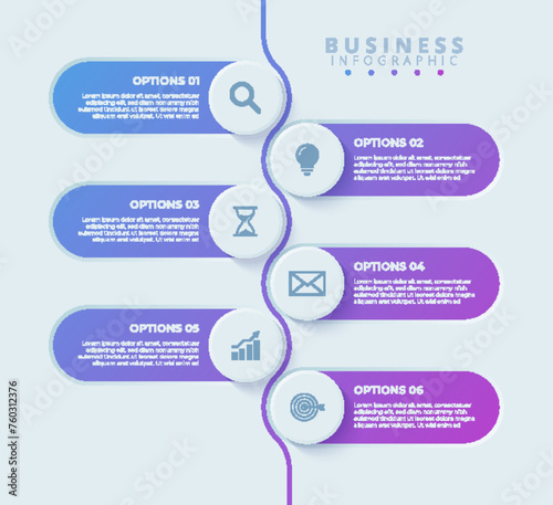 Design template for vector infographic labels with icons and 6 options or steps. Suitable for process diagrams, presentations, workflow layouts, banners, flow charts, and infographics.	