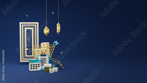 3d rendering Cart with Shopping bag  podium stage and Islamic orment on black background. Ramadan kareem Social Media Islamic business and Sale Post design template.