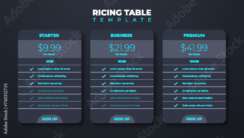 Business price chart template, Web banner checklist template design. Design a price list comparison table.