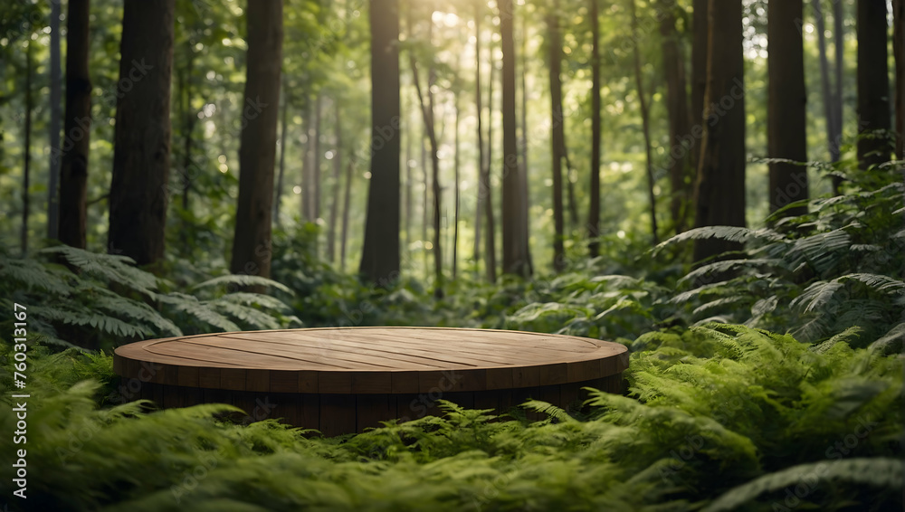 Circular Podium with a blurred or bokeh background of a Lush Green Forest Scene Circular Podium with a blurred or bokeh background of a Lush Green Forest Scene