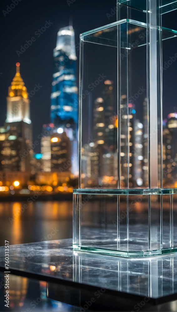 Glass Podium with a blurred or bokeh background of a Blurred Cityscape Glass Podium with a blurred or bokeh background of a Blurred Cityscape