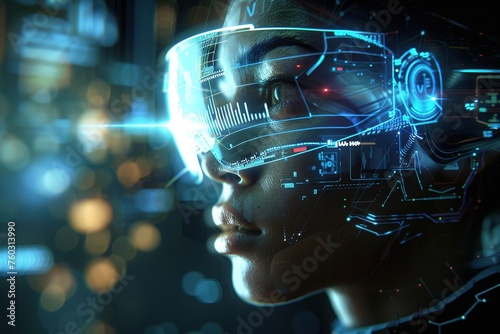 Futuristic visor displays data and graphics overlaying a woman's face in a tech-driven scene.