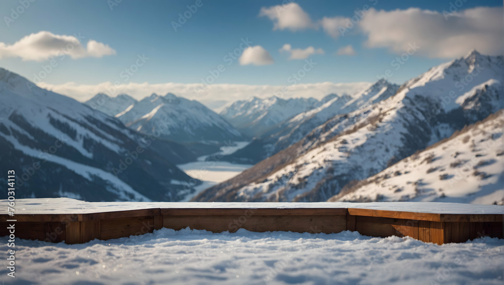 Reflective Podium with a blurred or bokeh background of a Snowy Mountain Landscape