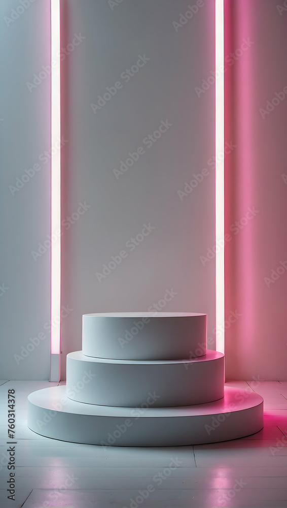 Sleek White Podium with a blurred or bokeh background of Neon Backdrop Sleek White Podium with a blurred or bokeh background of Neon Backdrop