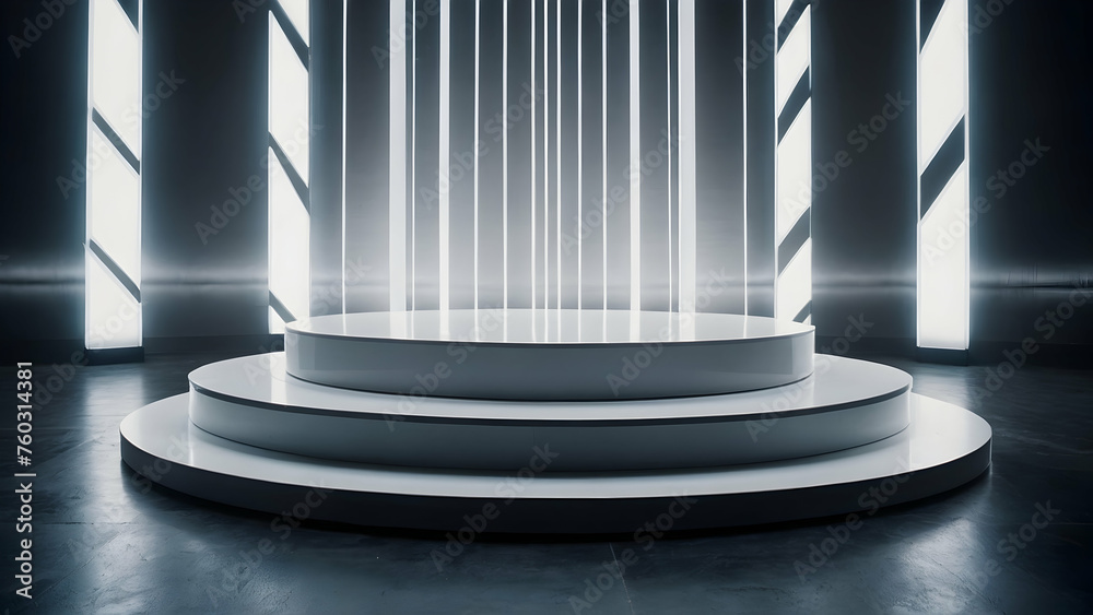 Sleek White Podium with a blurred or bokeh background of Neon Backdrop