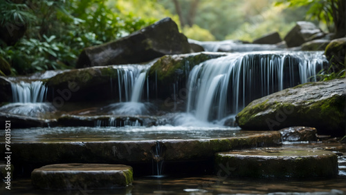 Zen Podium with a blurred or bokeh background of Tranquil Waterfall