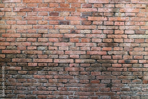 A close-up of a brick wall with red and grey and black bricks.