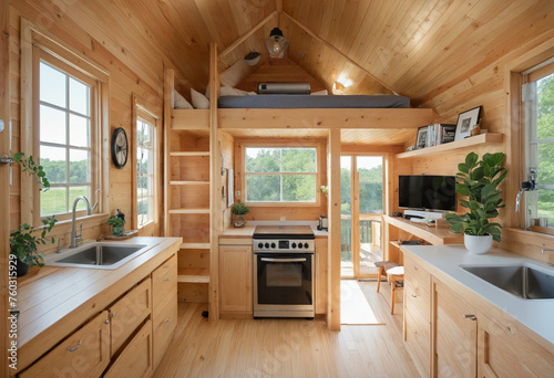 Tiny house interior with natural wooden decor by beautiful seashore