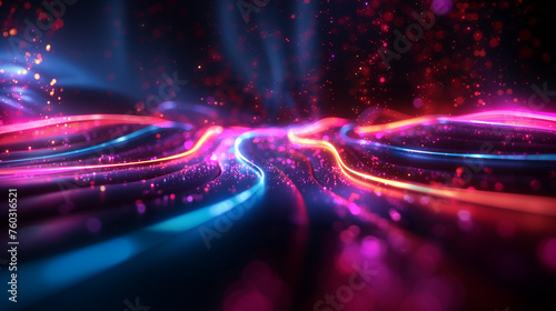 Futuristic abstract background, colorful bright neon rays and glowing lines. Bokeh effect. AI generative © sdmin_d