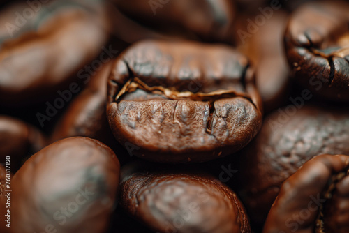 Close-up of shiny, roasted coffee beans, bursting with rich aroma and caffeine