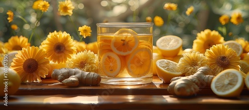 Lemon and ginger tea, sunny, yellow flowers, refreshing. photo