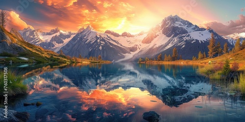 A majestic mountain landscape at sunset, snow-capped peaks, a crystal-clear lake reflecting the vibrant sky, serene nature. Resplendent. © Summit Art Creations