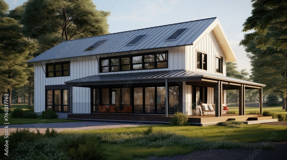 Naklejka premium architecture contemporary farmhouse building illustration interior exterior, country style, kitchen living architecture contemporary farmhouse building