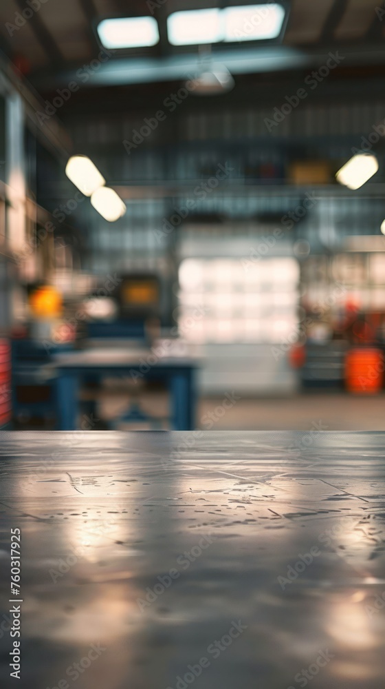 Metal table and Blurred background of a garage Metal table and Blurred background of a garage