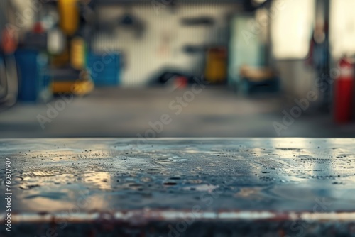 Rusty metal table in auto repair shop, blurred background