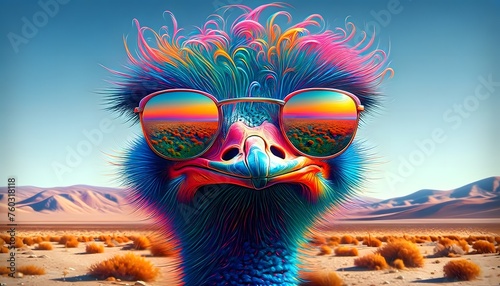 AI-generated image of a colorful ostrich wearing sunglasses