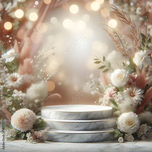 Photoreal 3D with Elegant Marble Podium with a blurred or bokeh background of Floral Arrangement (1).jpg photo