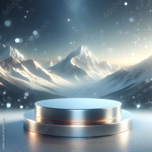 Photoreal 3D with Reflective Podium with a blurred or bokeh background of a Snowy Mountain Landscape (1).jpg photo